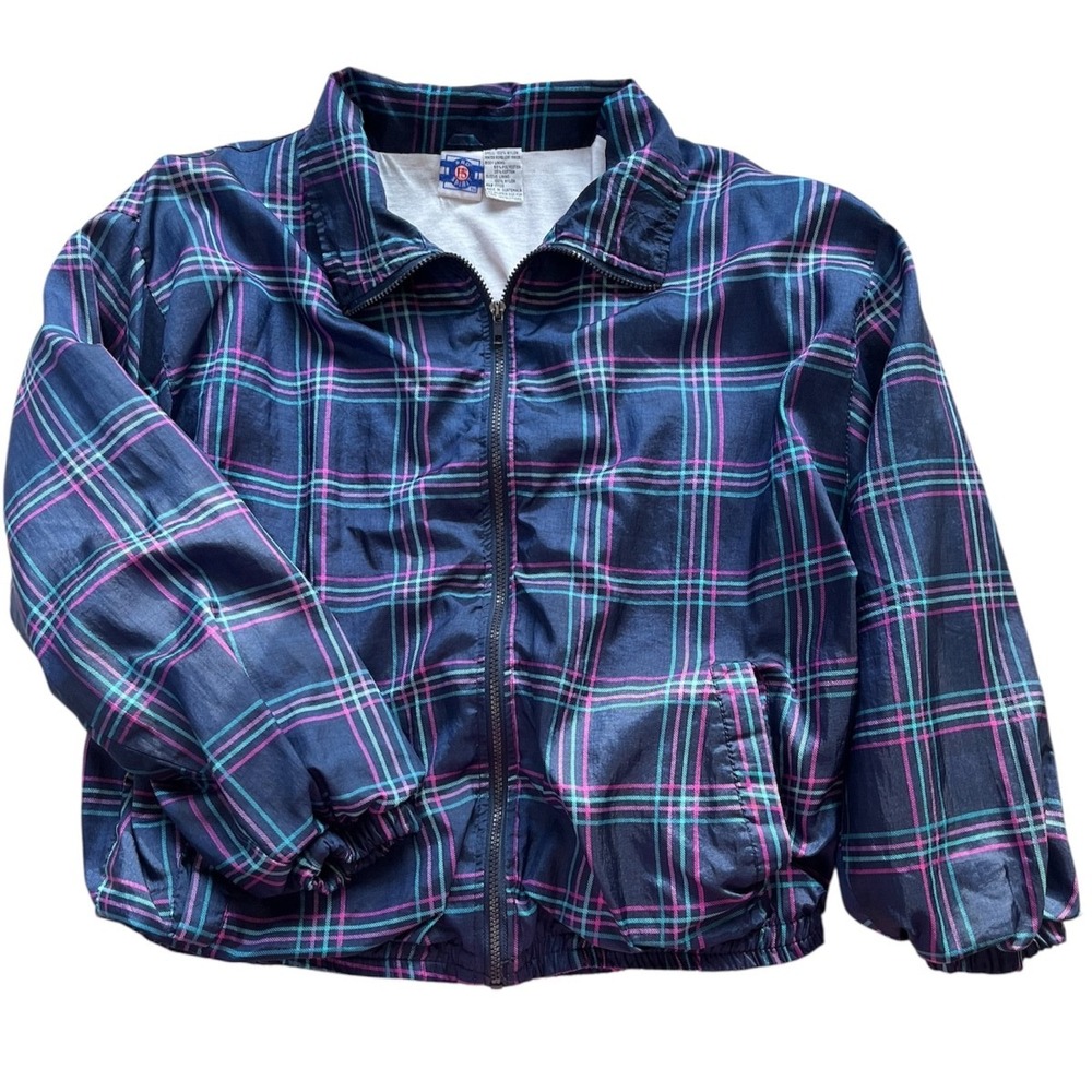 Vintage Pro Spirit Windbreaker Jacket Plaid sz M Navy 90's Tracksuit Retro Nylon